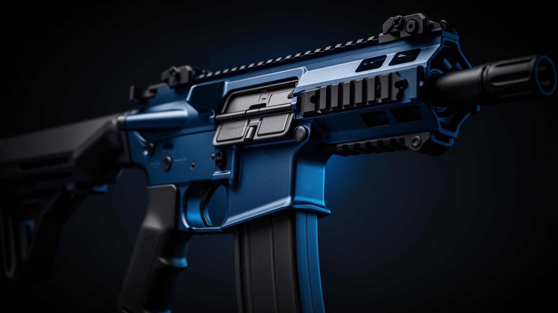 Custom cerakoted tactical rifle in metallic blue and black finish