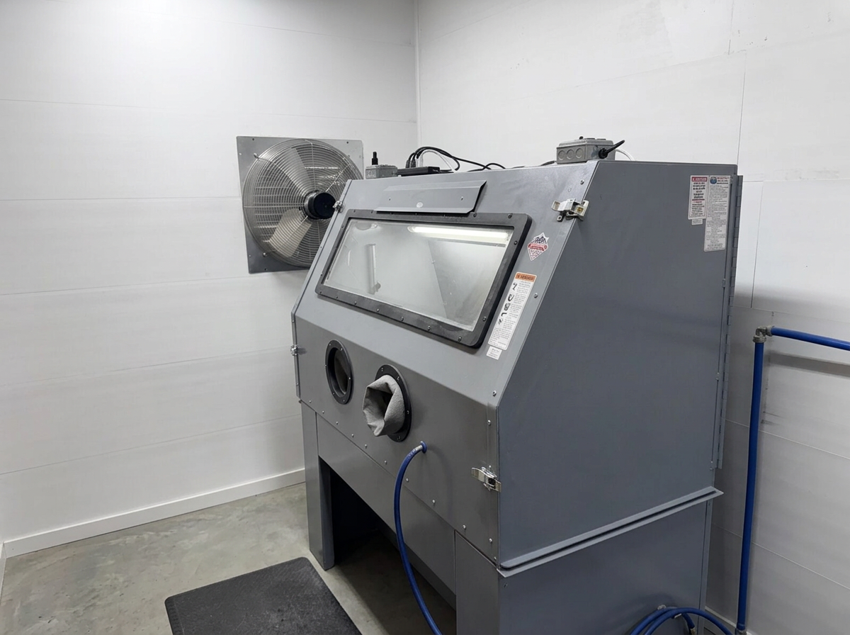 Industrial abrasive blast cabinet with exhaust ventilation fan