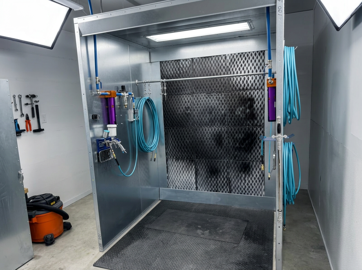 Industrial spray booth with filtered exhaust wall and HVLP spray gun setup