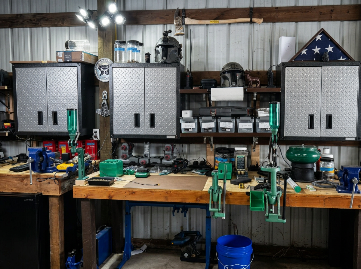 Organized gunsmithing workbench with press, vises, and precision tooling